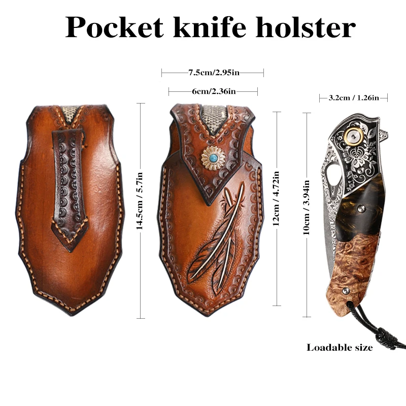 1PC Handmade Vegetable Tanned Leather Engraved Pocket Knife Holster with Buckle Case Easy to Carry Leather Folding Knife Sheath