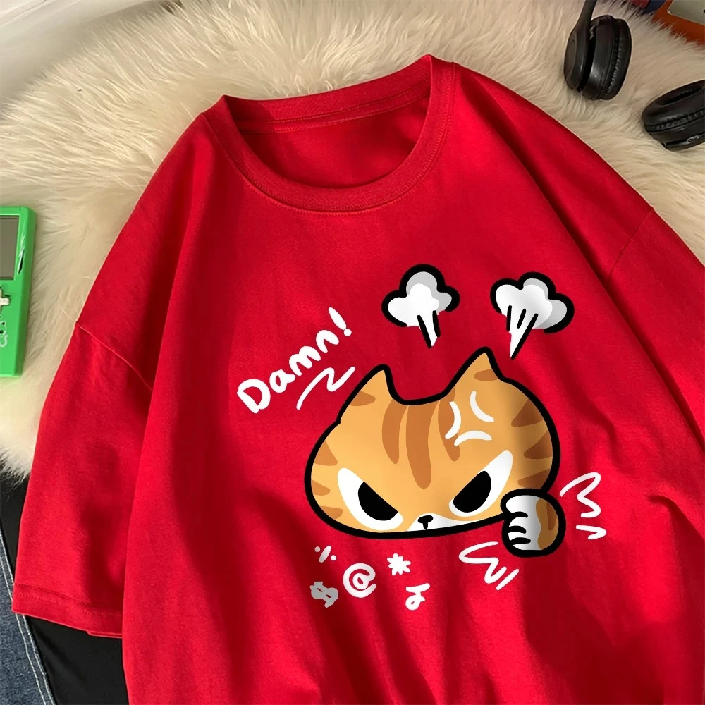 怒っている猫プリントラウンドネックとレディーストップ服 2025 新ファッション夏の女性の服漫画レディースグラフィック Tシャツ
