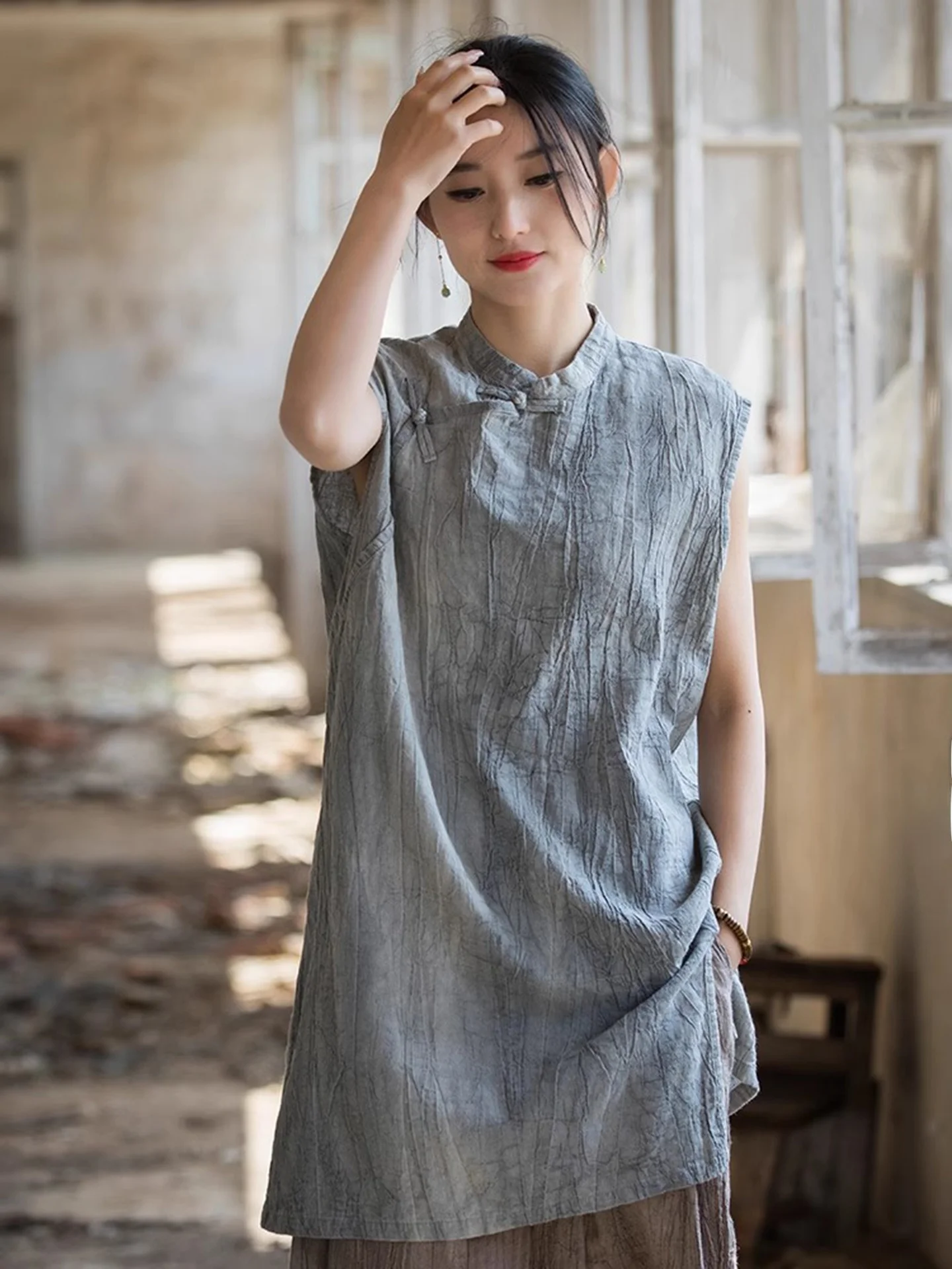 

New Chinese Style Women's Summer Tie Dye Midi Cotton Linen Thin Vest Top Retro Button Sleeveless T-Shirt Breathable Moisture ...