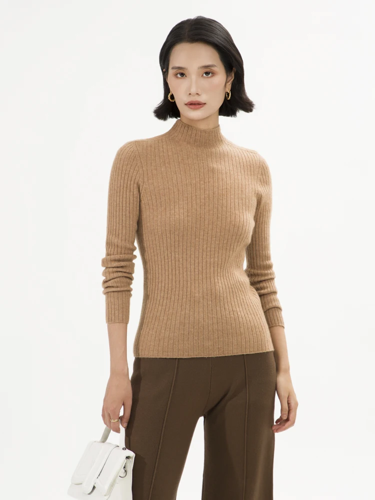 Basic Pullover Autumn Winter Women Sweater 100% Cashmere Sweater Mock Neck Slim Pullover Knitted Strip-Shaped Lines Inside Join
