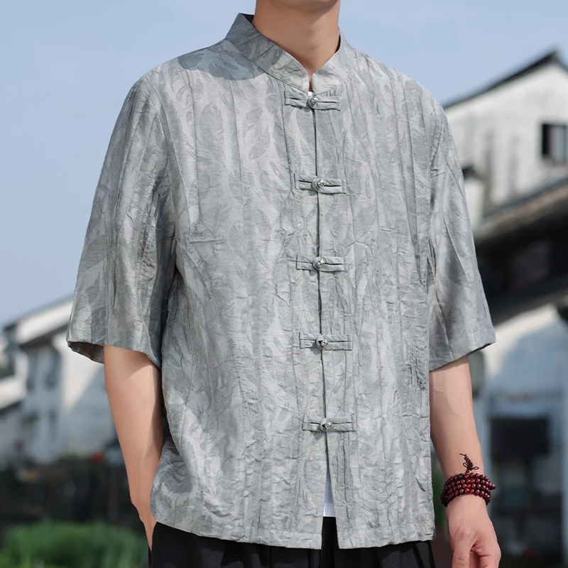 Chinese Style Summer Shirts for Men Mens Clothing Half Sleeve Men Plus Size Vintage Shirt Silk Jacquard Coat Loose Tops Male