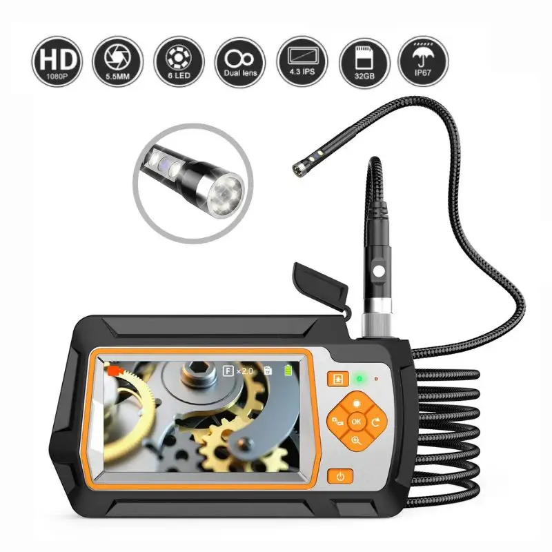 5.5mm Dual Lens 4.3 Inch IPS Screen Industrial Endoscope Camera HD 1080P With 32G for Car Sewer Engine Pipe Inspection Borescope