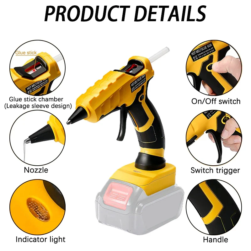 50W 7mm Cordless Hot Melt Glue Gun for Makita/Dewalt/Milwaukee/BlackDecker/Bosch 18V 20V Lithium Battery for Crafts Repair Tools