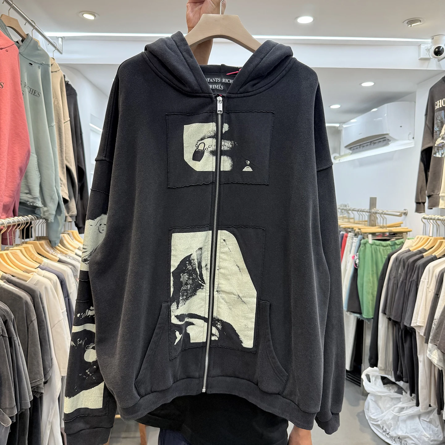 

Ретро американский лоскутный свитер с принтом на талии, повседневный открытый кардиган на молнии с капюшоном, молодежный теплый Fce Long Sve