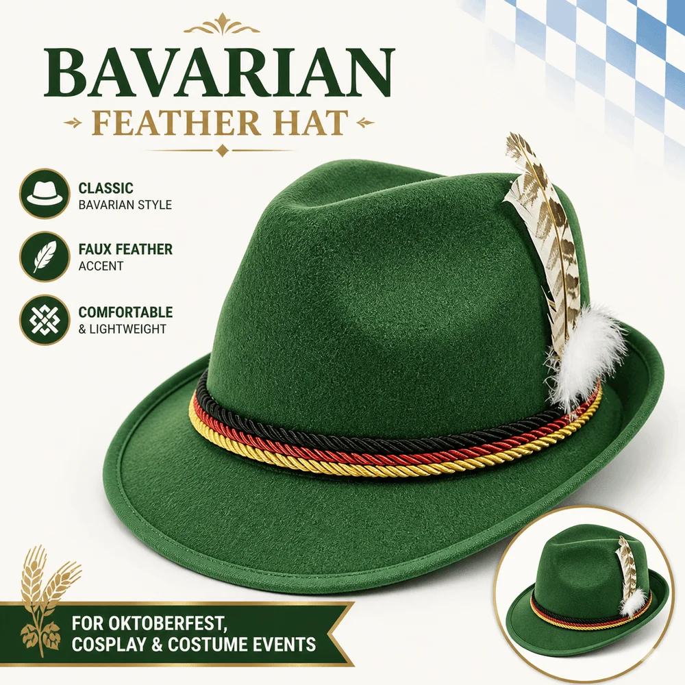 New Classic Bavarian Feather Hat Structured Brim Western Jazz Cap Decorative Side Cord Dress Up Panama Hat Men Women