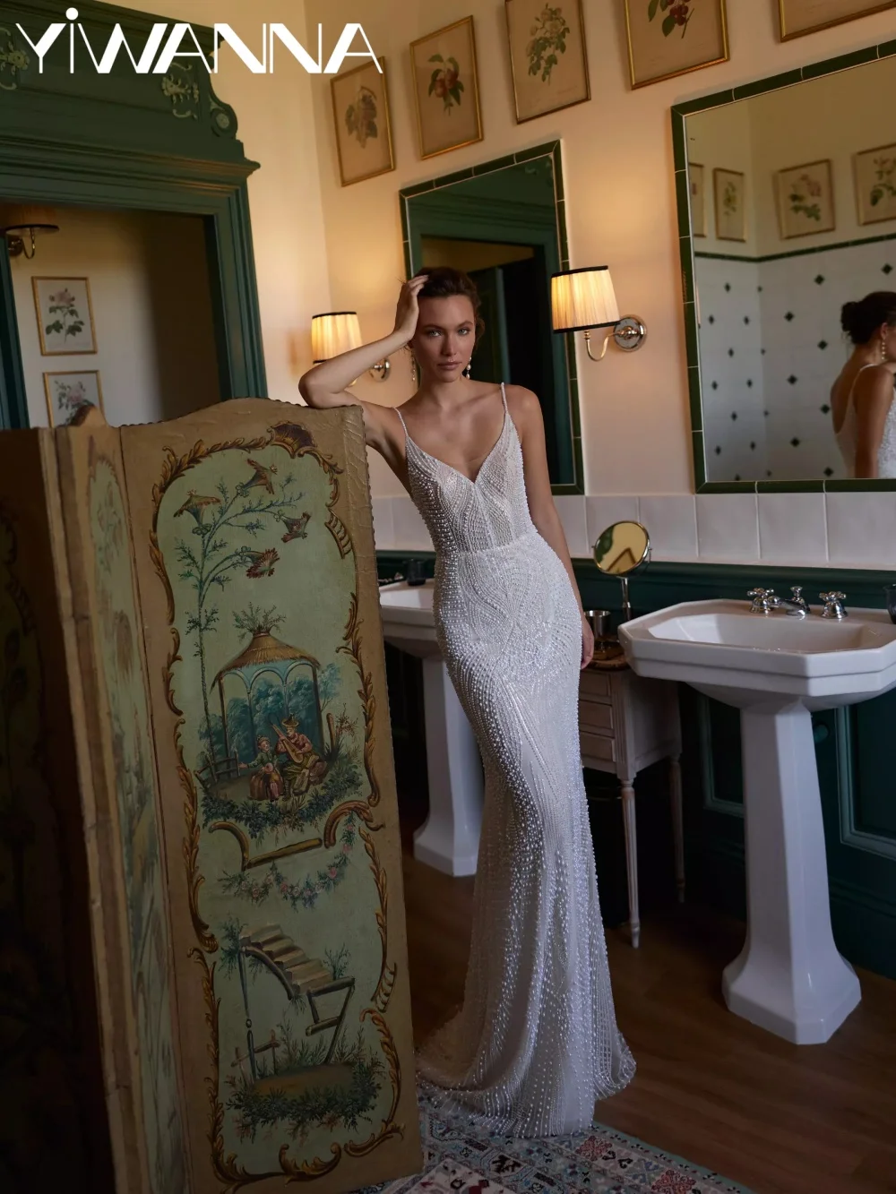 Gorgeous Pearls Thin Straps Wedding Dress Dreamy Vneck Straight Long Bridal Gown New Customized Shimmering Dresses For Bride