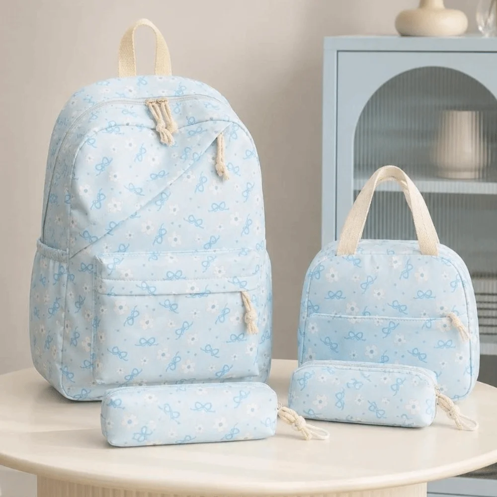 3PCS Bow Print Backpack,lunch Bag,Pencil Case Set Spacious Lightweight Schoolbag Set Waterproof Portable Student Rucksack Set