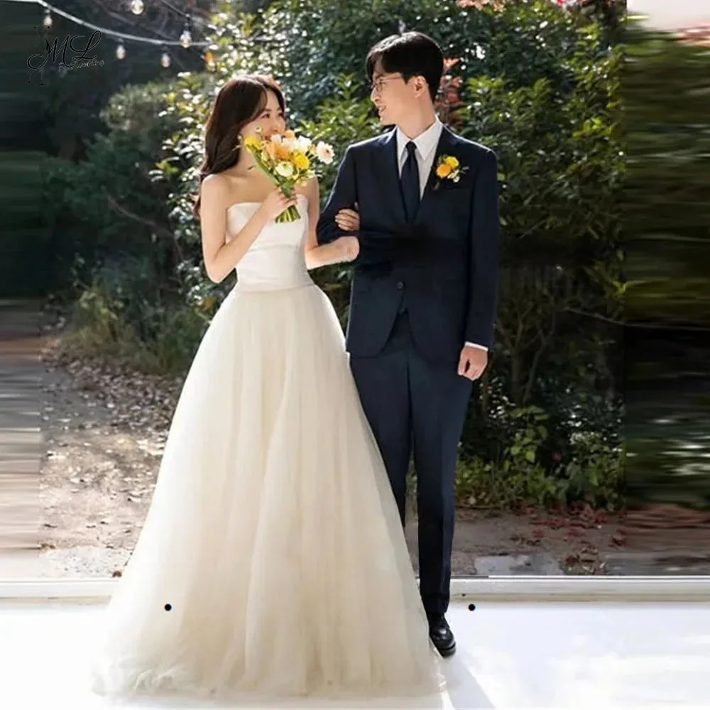 ML Classic Strapless Tulle A Line Detachable shawl Wedding Dresses Korea Photo shoot Bridal Gown Floor-Length Customized