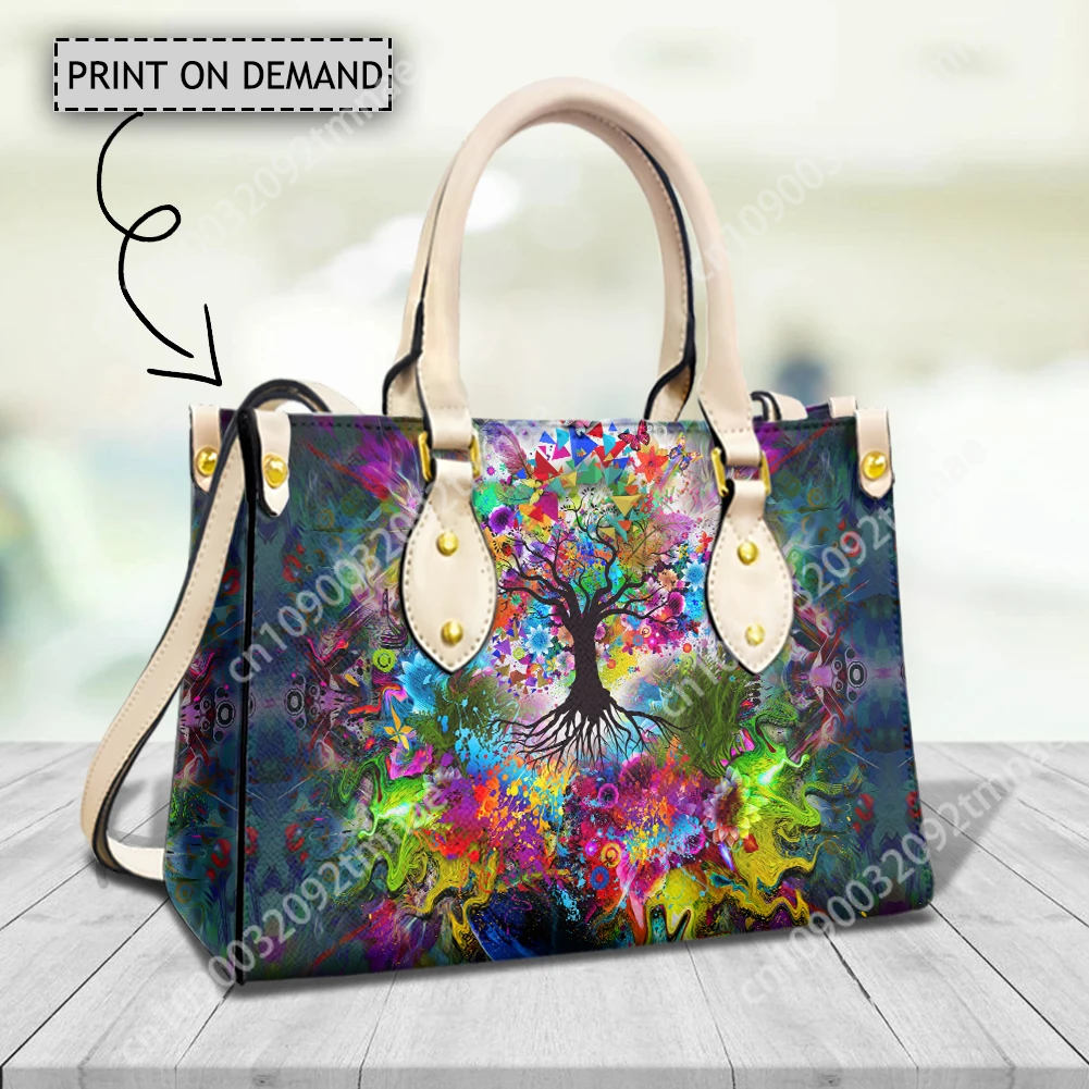 Painted Tree of Life Elegant Womens Fashion Tote Bag Tie Dye Design High Quality PU Leather Handbag for Laides Female Cross Bags