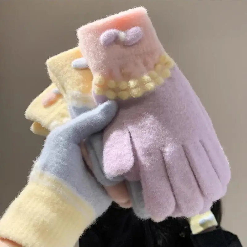 2025 귀여운 리본 니트 플러시 장갑 가을 겨울 따뜻한 다섯 손가락 사랑스러운 학생 겨울 장갑