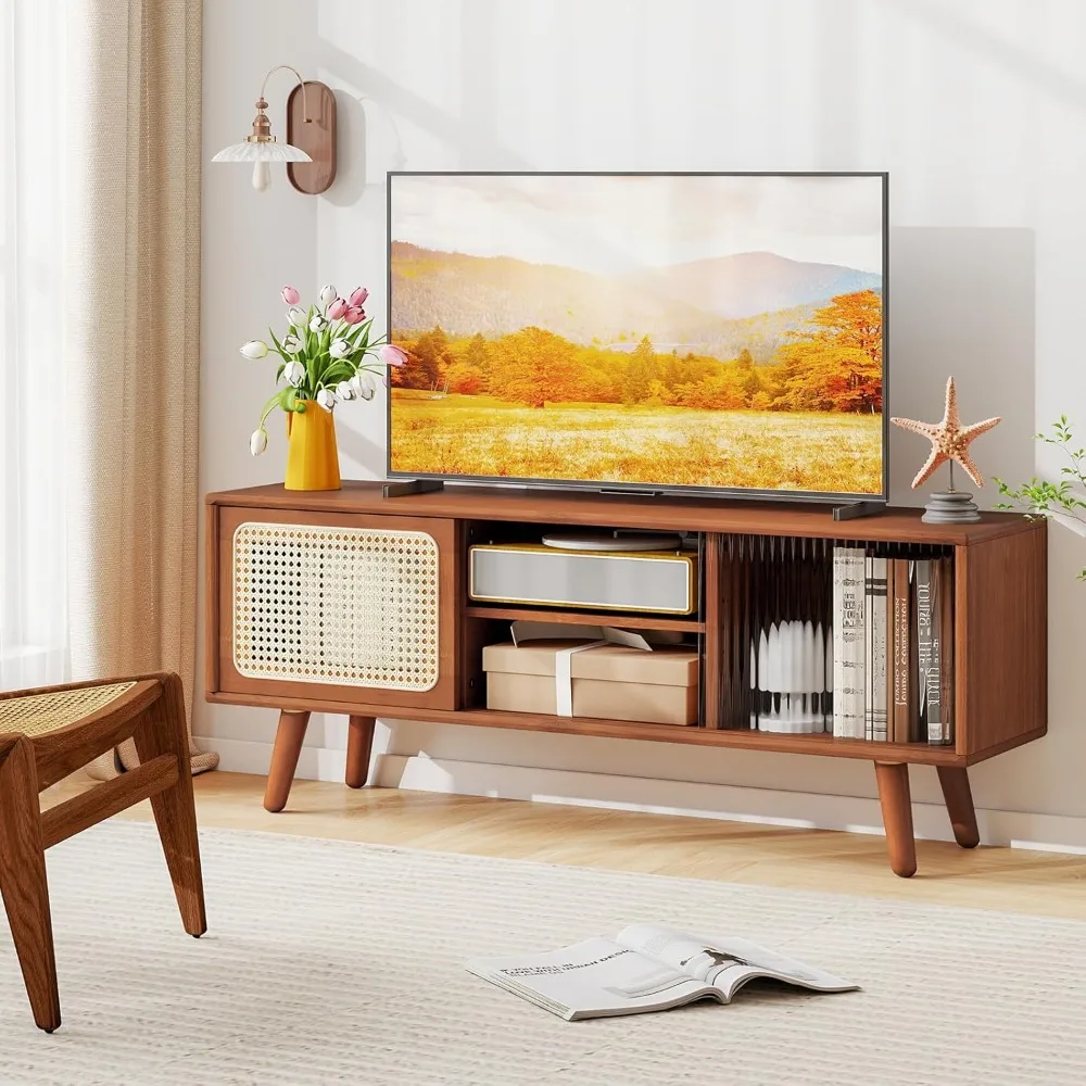 

Bamboo TV Stand for TVs up to 55", Mid Century Modern Entertainment Center w/ 3-Level Adjustable Shelf, PE Rattan, Tempe
