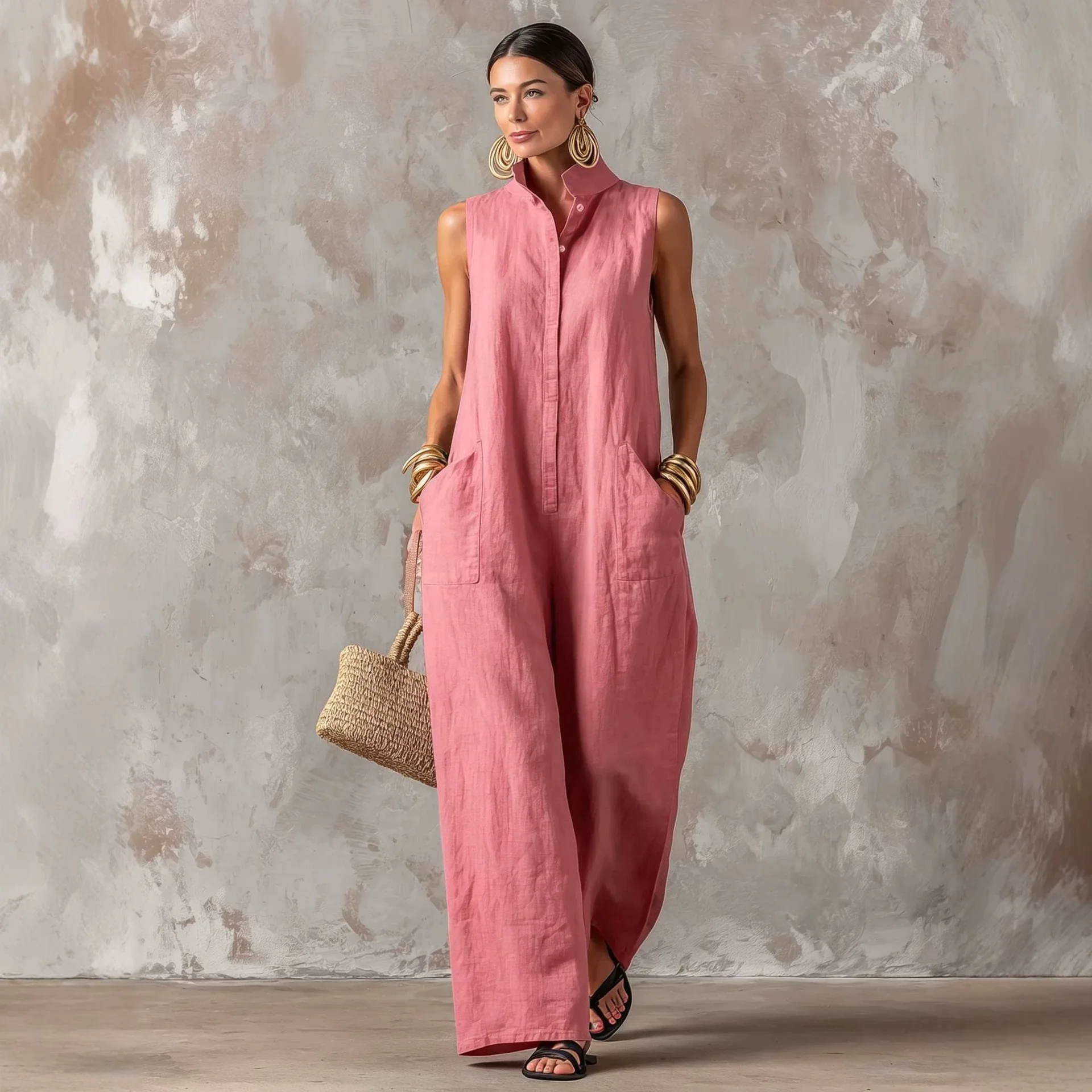 Linen Blend Jumpsuit Sleeveles - Jumpsuit Linen Relaxed ulasan dan harga