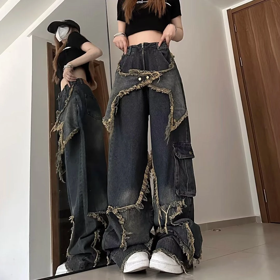 2025 Chic Gothic Pockets Zipper Casual Pants American Retro Wash Grunge Wide Leg Jeans Street Style Button Fashion Denim Pants