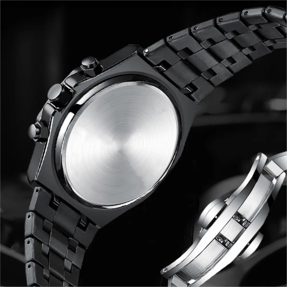 Stainless Steel Watch For Men Business Fashion Silver Quartz Watches Luxury Brand with Moon Phase Chronograph Decoration Clock