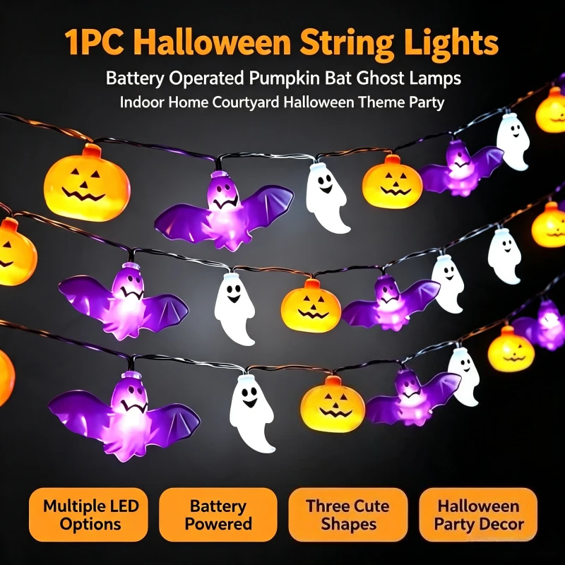 1PC 10/20/40LED Halloween String Lights Battery Operated Pumpkin Bat Ghost Lamps for Indoor Home Courtyard Halloween Theme Party