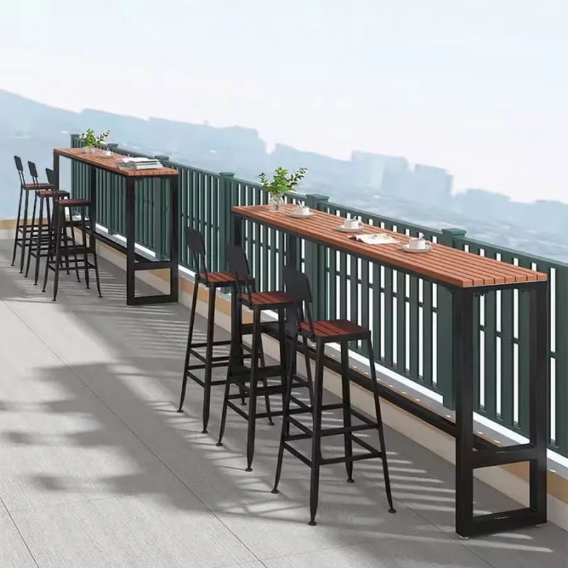 

Outdoor plastic wood board waterproof and sunscreen bar table Balcony high-footed narrow table and chair combination