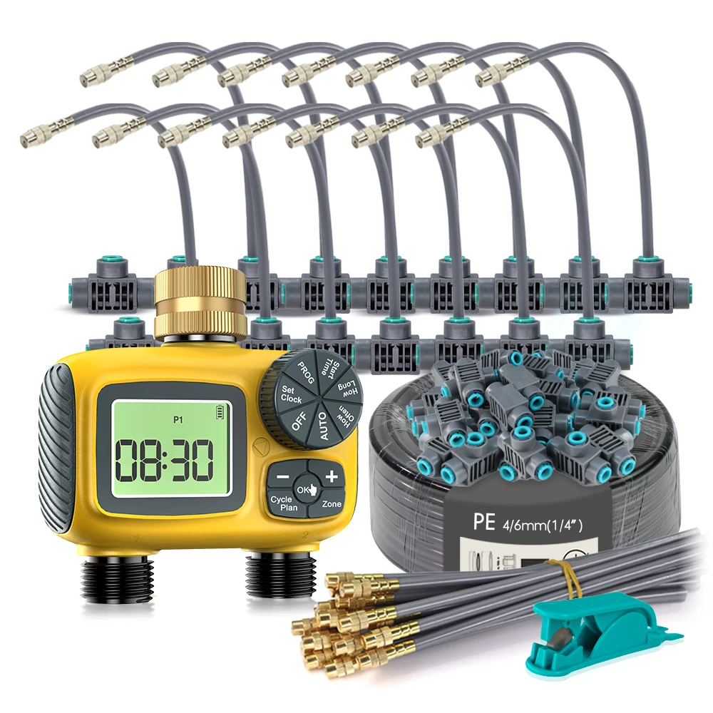 

Садовый двухсторонний таймер для орошения с независимым управлением, комплект охлаждения тумана, индивидуальный график для полива «сделай сам», аксессуары для быстрого подключения