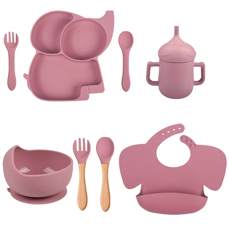 3/5/8 PCS Baby Silicone Feeding Set Plate Sucker Bowl Cup Bibs Spoon Fork Sets Non-slip Tableware Dinnerware Dishes BPA Free