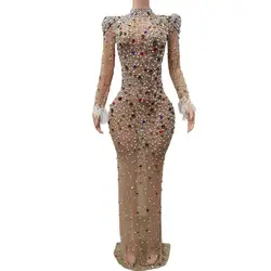 Sexy Colorful Rhinestones Mesh Lond Dresses Women Evening Birthday Celebrate Outfit Dance Performance Photo Shoot Costume Puer