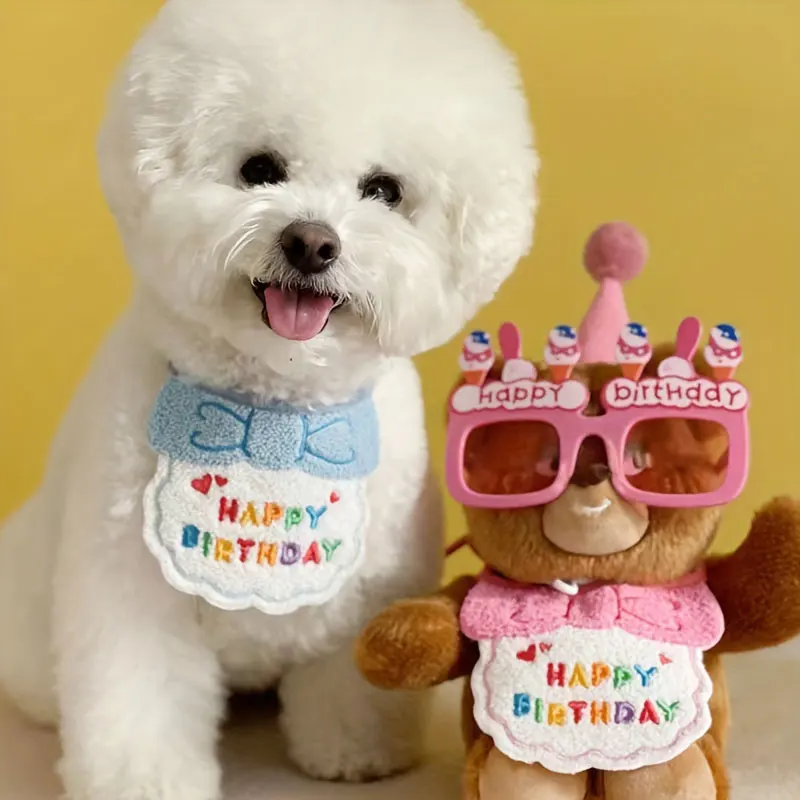 Pet Birthday Bib Hat Set Cat Dog Happy Birthday Party Costume Bow Pattern Cute Pet Bibs Color Plush Ball Hats Birthday Celebrate