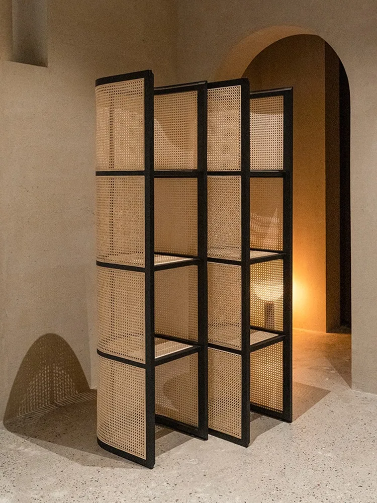 

Nordic rattan shelves living room solid wood porch multi-layer floor screen shelf wabi sandy wind home display rack