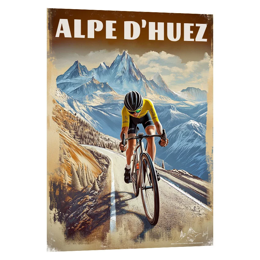 of Retro Metal Tin Sign Featuring a  Design of The Alpine Bike Race, Made from Iron Foil. This Engraved Wall Art Can Be Hung Ind