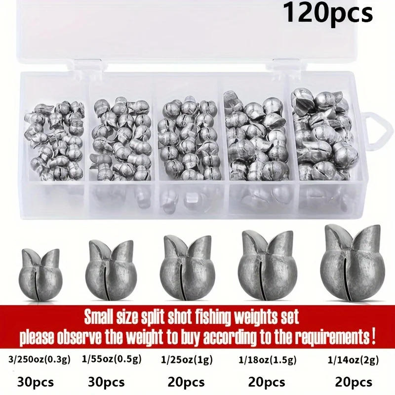 60/120-teiliges Angelgewichte-Set, Premium-Split-Shot-Sinker mit 5 vielseitigen Größen, rundes, abnehmbares Design, perfekt für Süßwasser