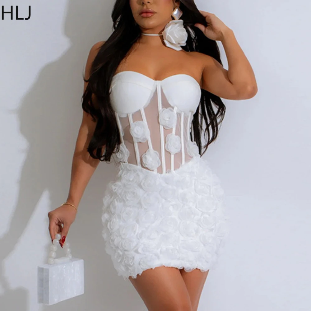 

HLJ Fashion See Though Flower Bodycon Party Club Tube Dresses Women Off Shoulder Sleeveless Slim Vestidos Sexy Dress No Necklace