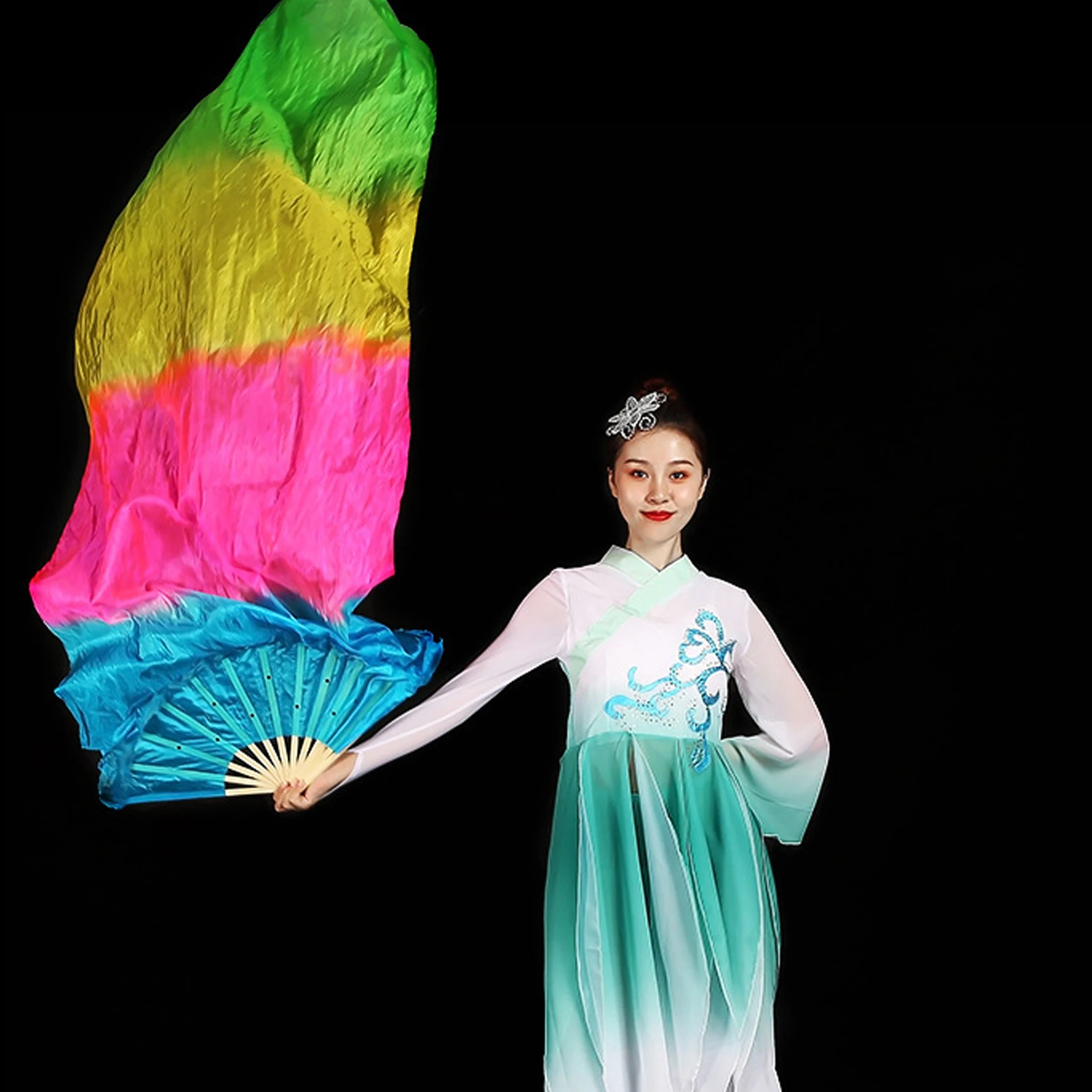 

2Pcs Dance Fans Color Gradient Long Folding Silk Fabric for Stage Performance Wood Fan Lightweight Easy Storage