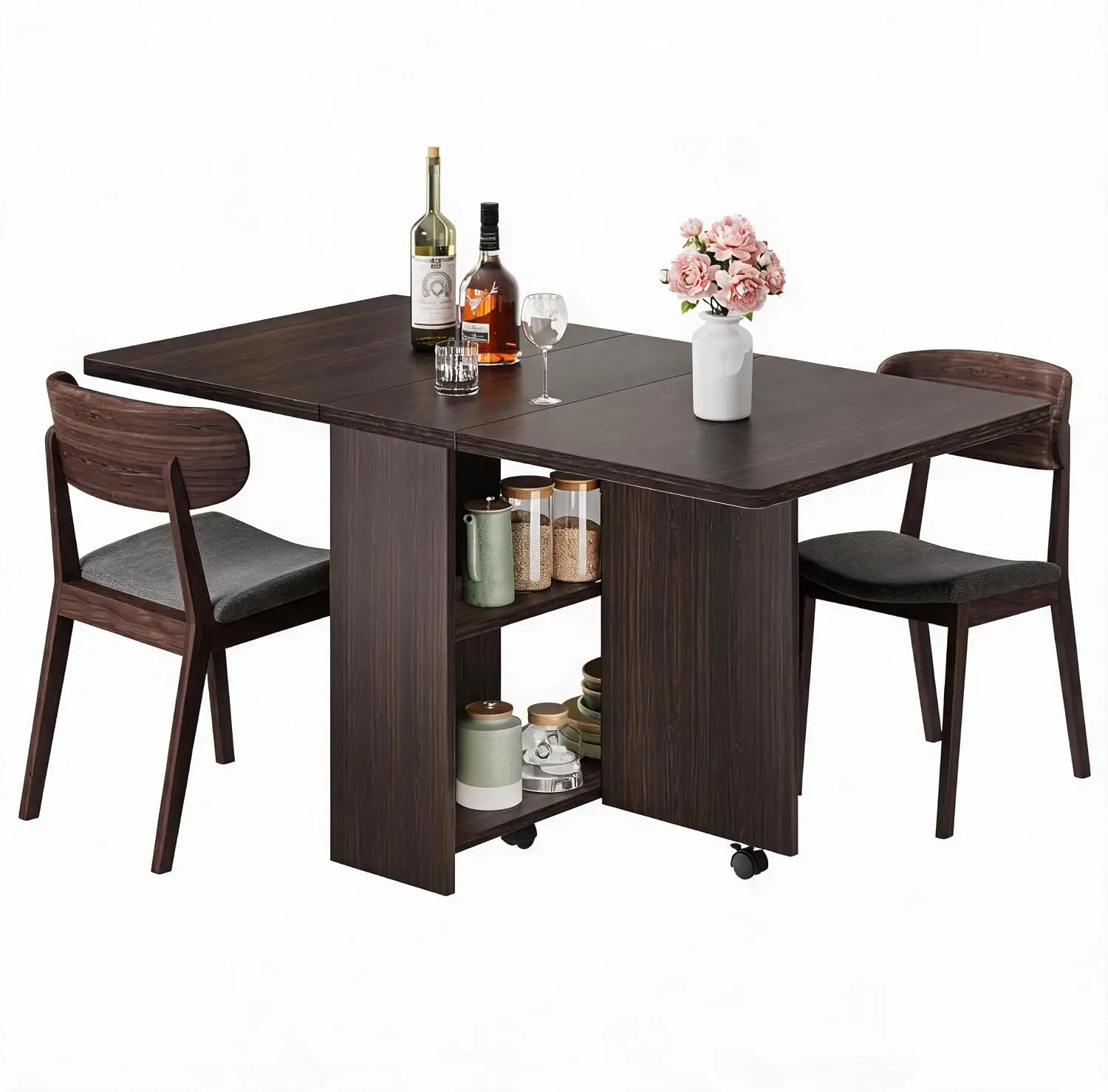 Garvee Extendable Drop Leaf Folding Dining Table with 2 Drawers and 6 Wheels for Living Room,Kitchen, Farmhouse, Space Saving Table