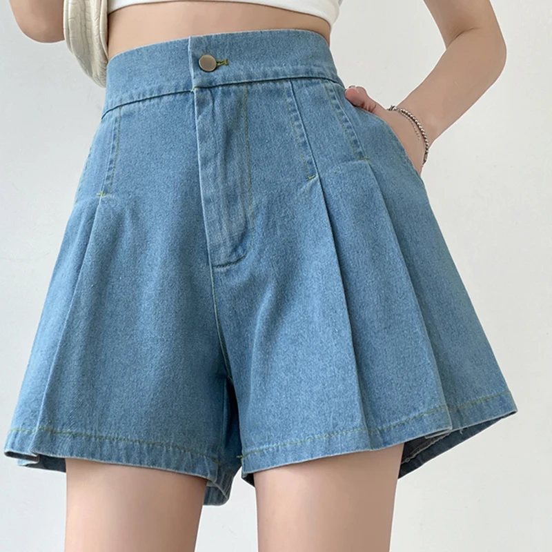 Hohe Taille weites Bein Jeans Frauen übergroße elastische Taille plissiert blau hübschen Stil Mode Taschen rock lässige Shorts Röcke