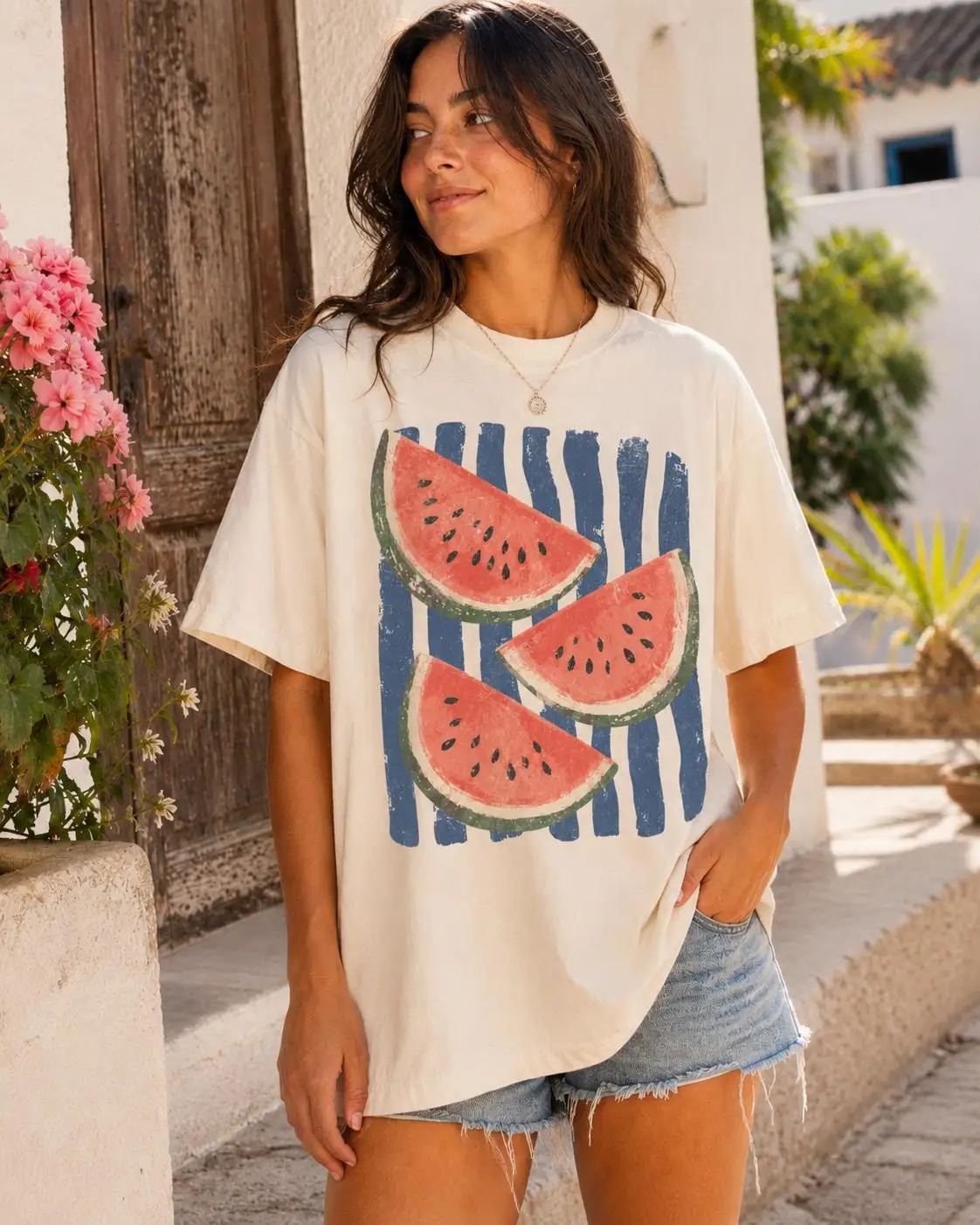Summer Women's Watermelon Graphic Striped Fruit T-shirt Cotton and Breathable Short Sleeve Streetwear Oversized Loose Casual