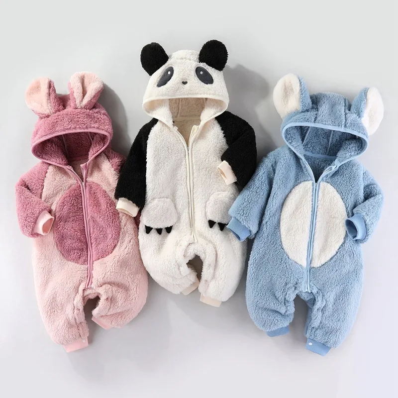 Winter Long Sleeve Baby Boy Girl Romper Cartoon Kid Playsuit Jumpsuit Children Clothing Hooded Plush Warm Toddler Bodysuit A1272