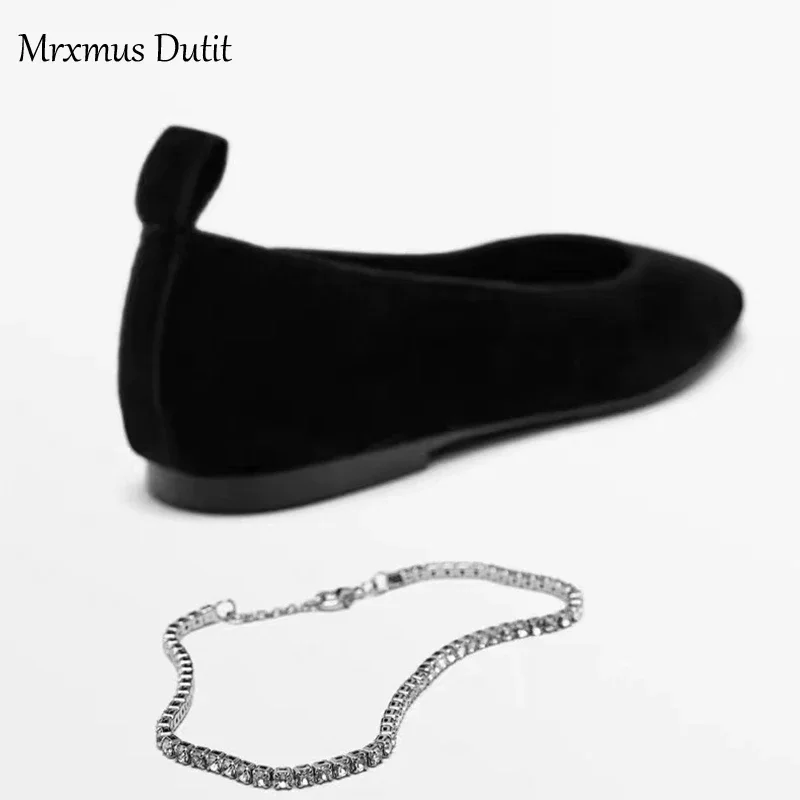 Mrxmus Dutit Brand Velvet Flat Bottomed Square Toe Single Shoes Shallow Mouth Rhinestone Decorative Ballet Shoes