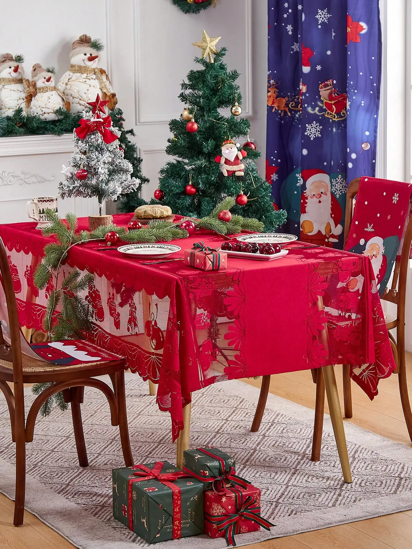 Christmas Tablecloth  Christmas Holiday Table Cloth Cover, Rectangle, 60 x 80 Inches, Poinsettia RedFabric Table Cloth, Holiday,