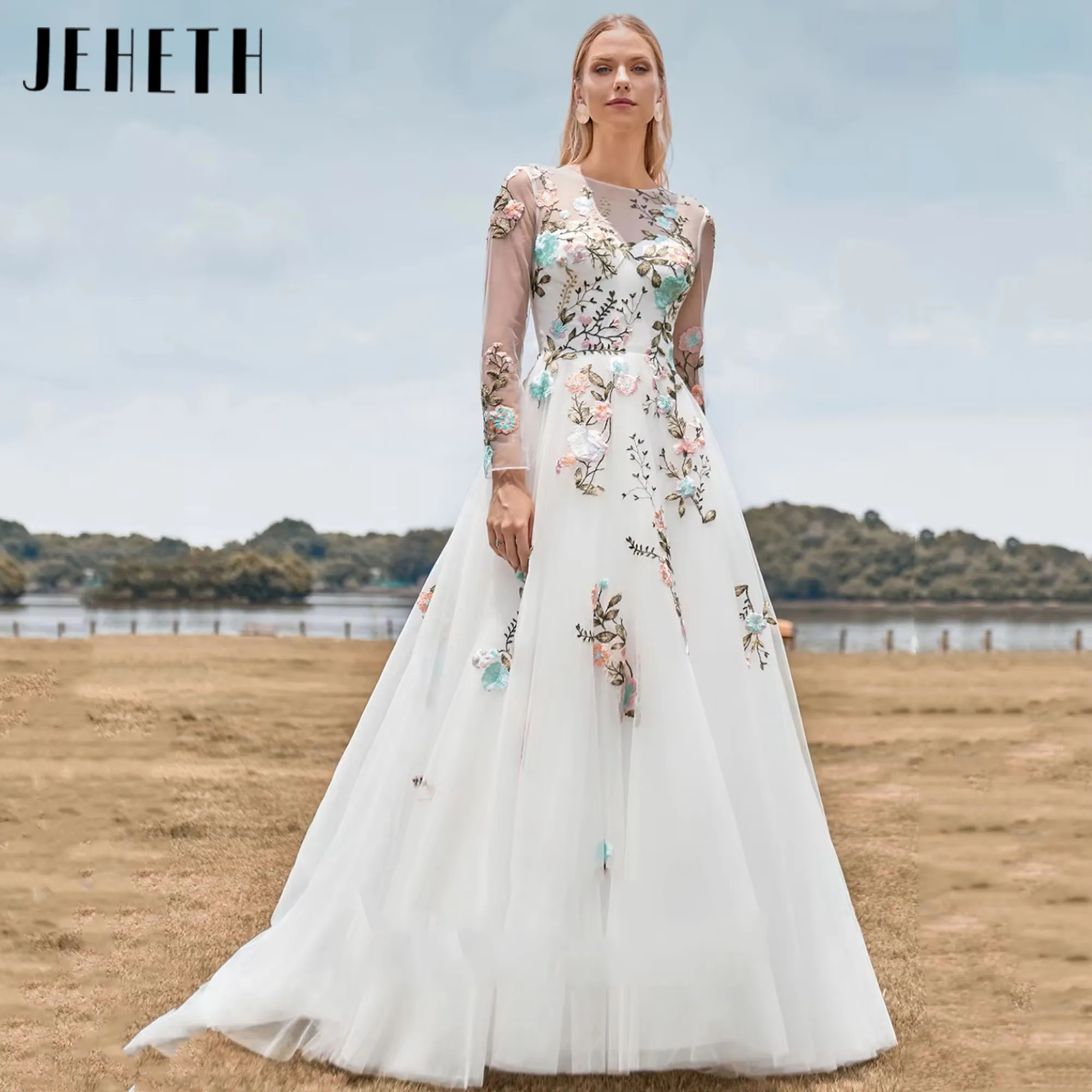 

JEHETH Elegant Appliques Lace Prom Dress Long Sleeve O-Neck Party Dresses Country Woman Floral Fabric Dress Customized