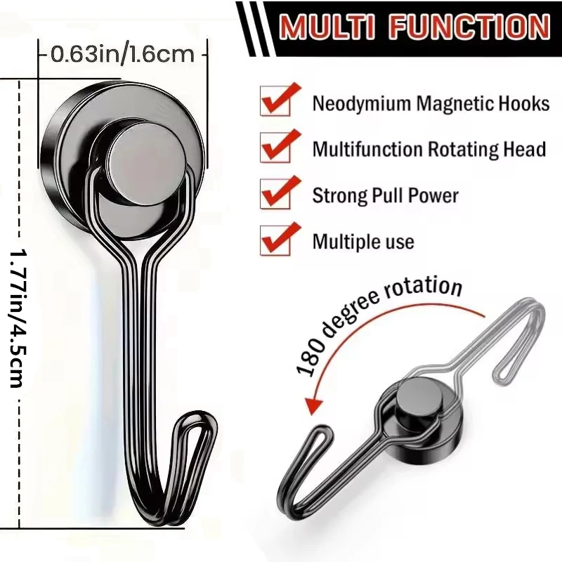 16mm Heavy Duty Black Coating Strong Magnetic Hook, Great Pull Force Magnets Hooks for Home Refrigerator Grill, Kitchen, Key Etc