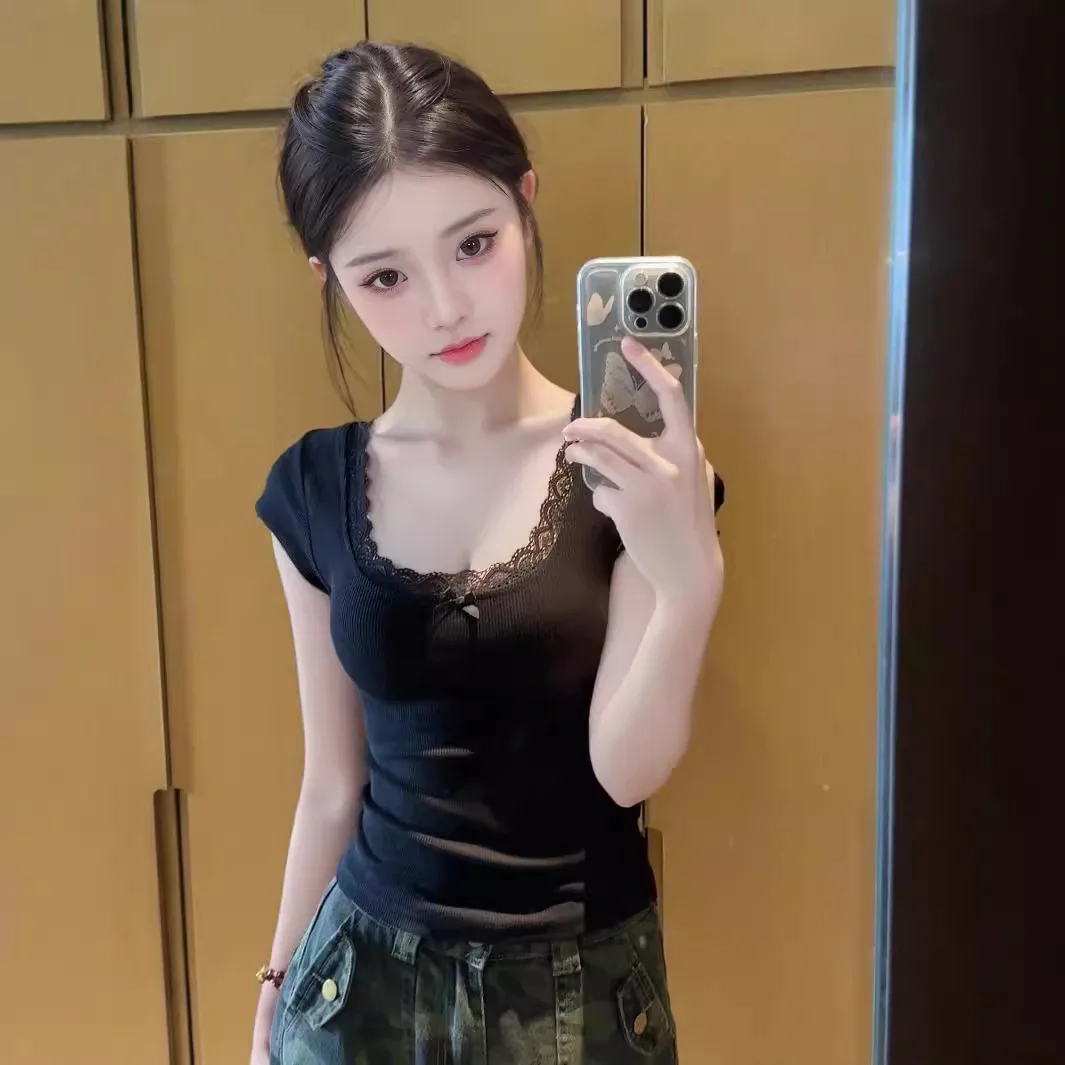 

u-Neck t-Shirt For Women In Summer 2025, Tight Fitting And Slimming Straight Shoulder Top, High-End Black Short Sleeved Shirt
