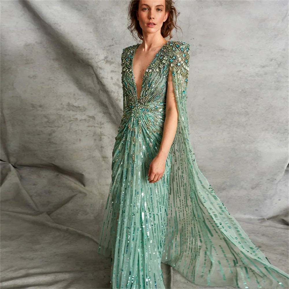 luxury evening dresses 202 Elegant Green Evening Dresses with Cape Fuchsia Crystal Gold Elegant Women Formal Party Gown