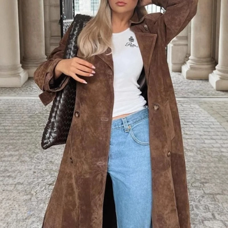 

Elegant Suede Long Trench Coat Women Pocket Single Breasted Full Sleeve Brown Windbreaker 2025 Autumn Lady Street Outwears New