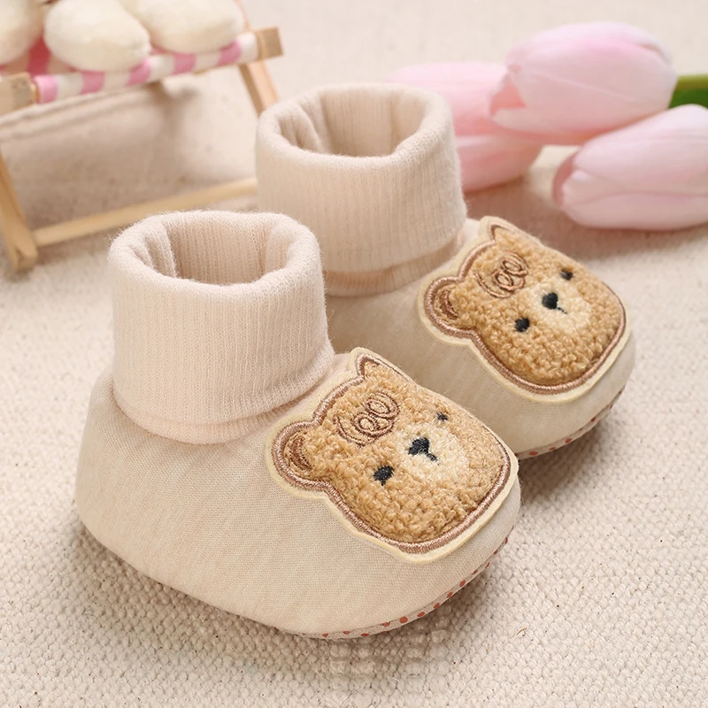 Baby Winter Sock Shoes Cartoon Bear Patch Fleece Lined Cuff Non Slip Soft Sole Infant Newborn Indoor Warm Crib Booties 0-18M