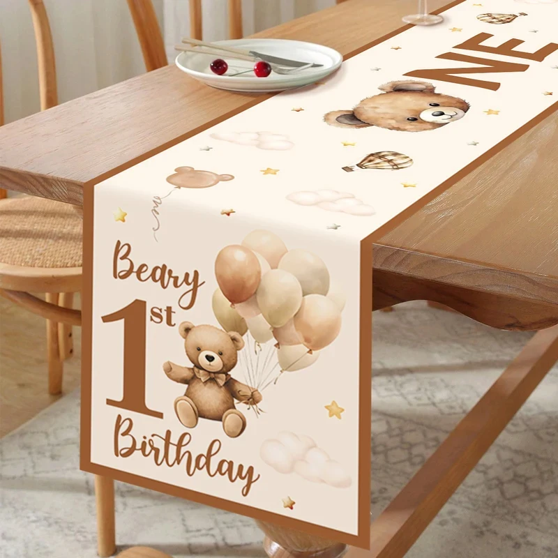 VIKAMA Beary 1st Birthday Teddy Bear Balloon Table Runner, Washable Table Scarf Neutral Baby First Birthday Party Table Decor