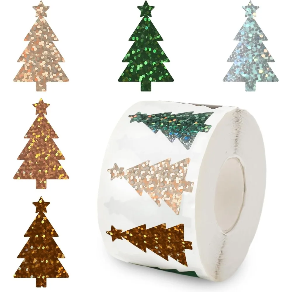 500pcs Christmas Tree Holographic Stickers Xmas Tree Self Adhesive Label Decals for Home Party Crafts Journal Scrapbook Supplies