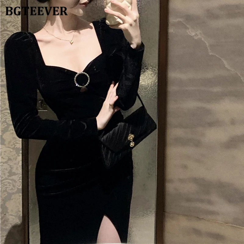 BGTEEVER-Robe mi-longue vintage pour femme, taille fine, fendue, hanche GT, col carré, manches longues, couleur unie