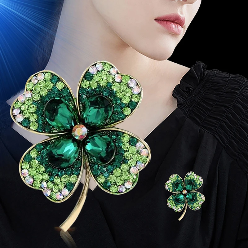 Fashion Rhinestone Clover Brooches Women Clothing Coat Jewelry Party Accessories