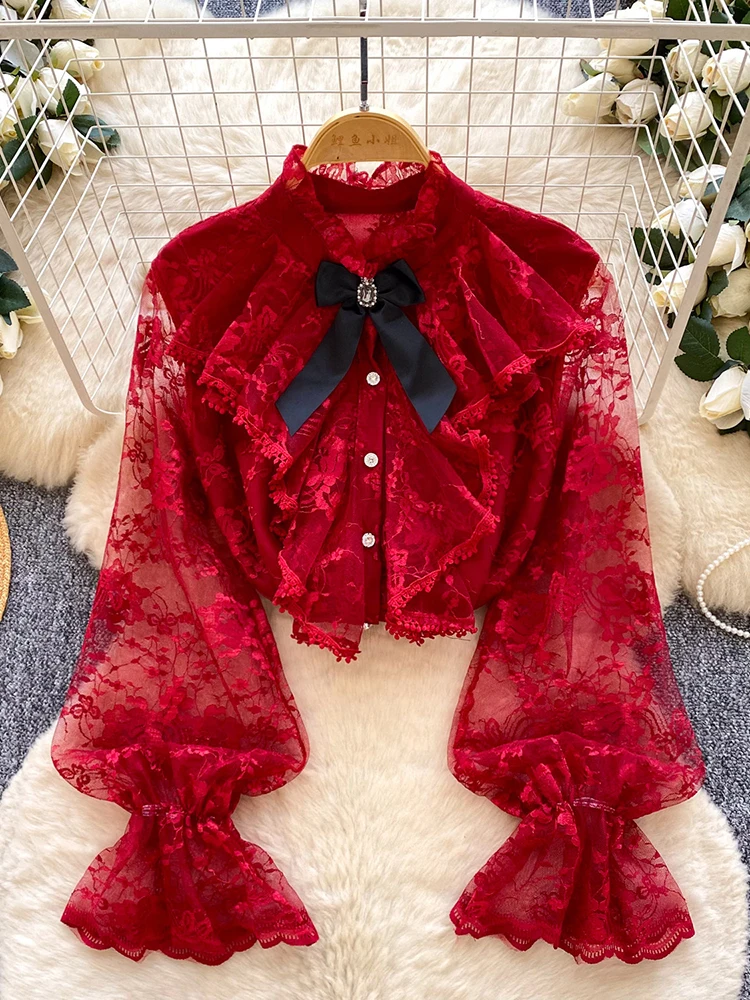 Damenbluse Frühling Französisch-Inspirierte Elegante Bluse mit Schleife, Rüschen, Stehkragen, Puffärmeln und Spitzendetails, Damen-Oberteil BL346