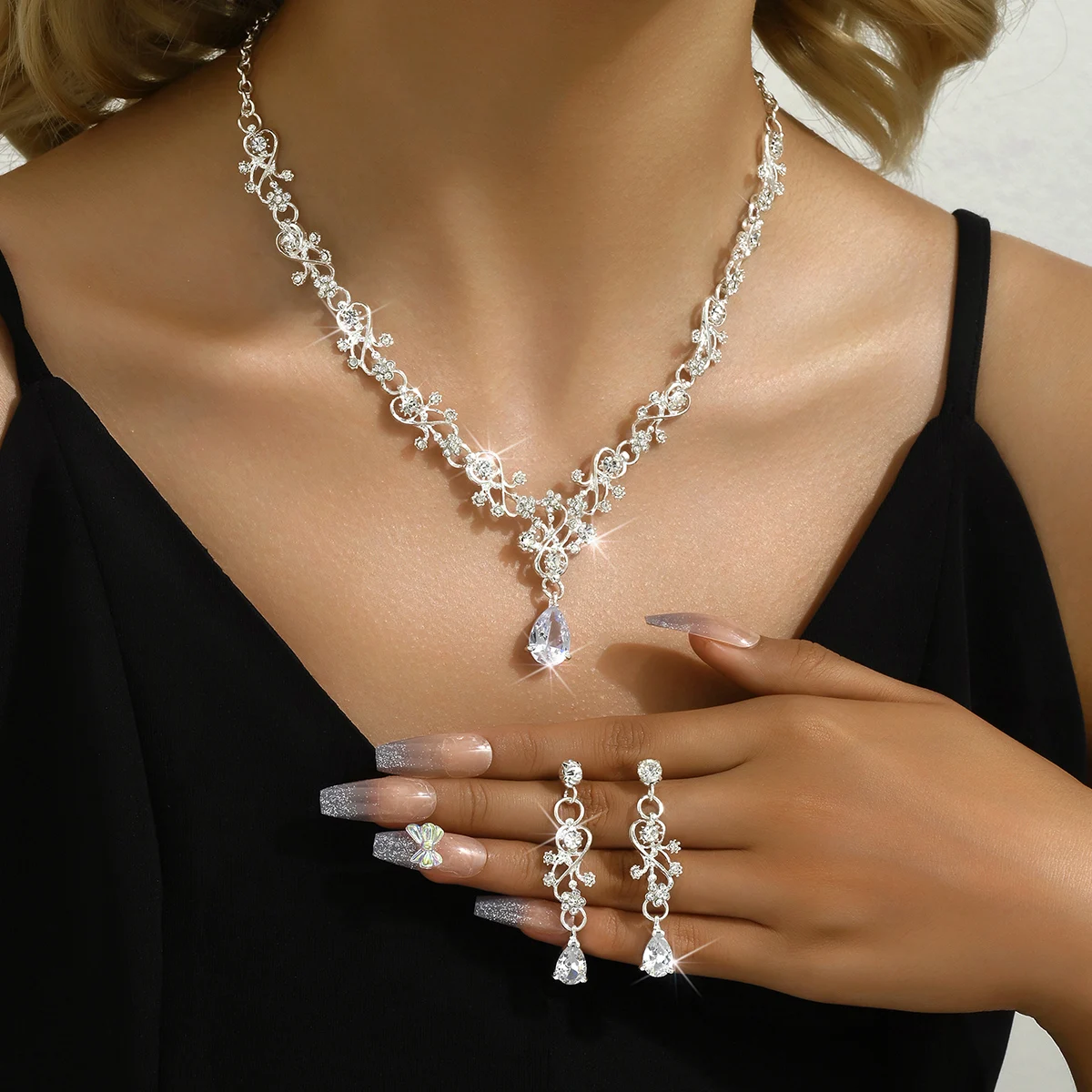 3pcs women\'s fashionable jewelry set with rhinestones, zircon, water droplets, necklace, earrings, wedding dress accessories