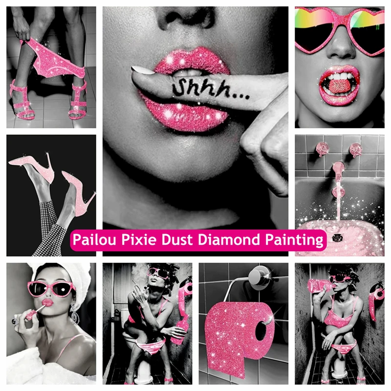 

Pink Glam Glitter Tissue Pixie Dust Diamond Art Painting Diy Embroidery Funny Modern Women Bathroom Toilet Art Bathroom Decor