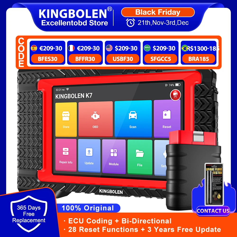 KINGBOLEN K7 Full System Diagnostic Tool Auto OBD2 Scanner 28 Resets ECU Coding Active Test 3 Years Free pk Thinkscan Max 2