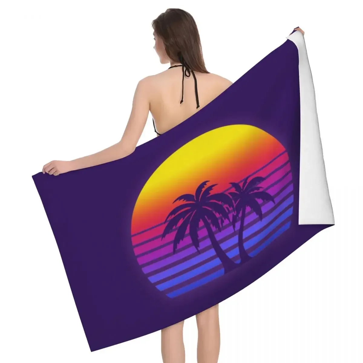 Custom Synthwave Sun Trees Beach Towel Quick Dry Japanese 80s Aesthetic Retro Vaporwave Soft Linen Microfiber Bath Sauna Towels